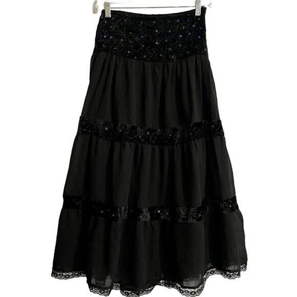 Nostalgia Maxi Skirt Small Black Crepe Velvet Lined Witchy Fairy Boho Ti… - Picture 1 of 7